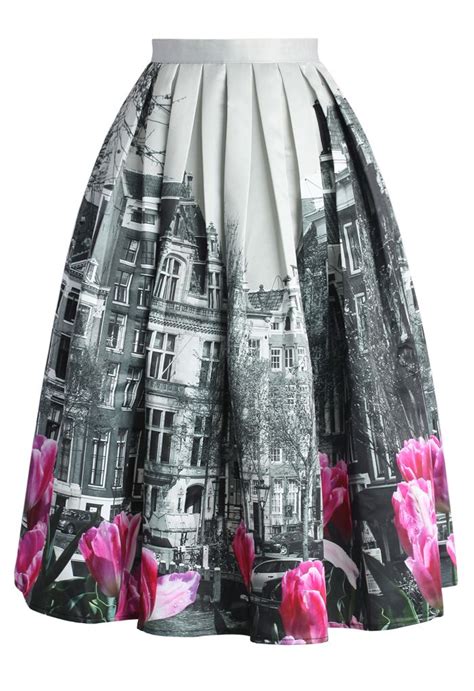 Tulip Town Contrast Print Pleated Midi Skirt Retro Indie And Unique