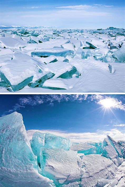 There Are Two Pictures Of Icebergs In The Snow And One Has Sun On It