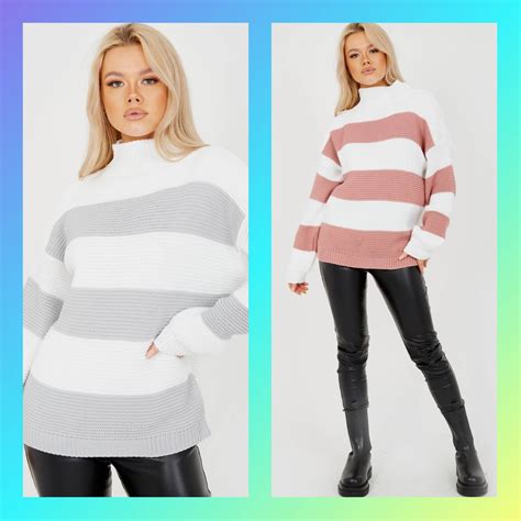 Chunky Greywhite Or Rose Goldwhite Striped Jumpers High Neck Etsy