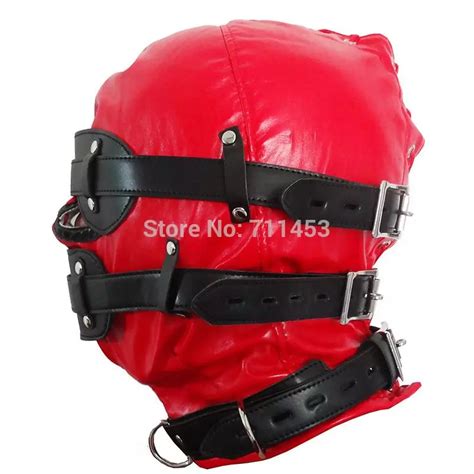 Red Hoods Mask Restraints Fetish Pvc Soft Leather Sex Set Slave Harness