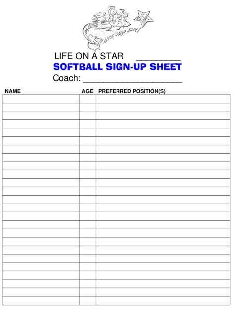 Softball Sign Up Sheet Life On A Star Download Printable