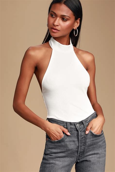 Donnelly White Ribbed Mock Neck Halter Top Blouses For Women Tops Stylish Tops
