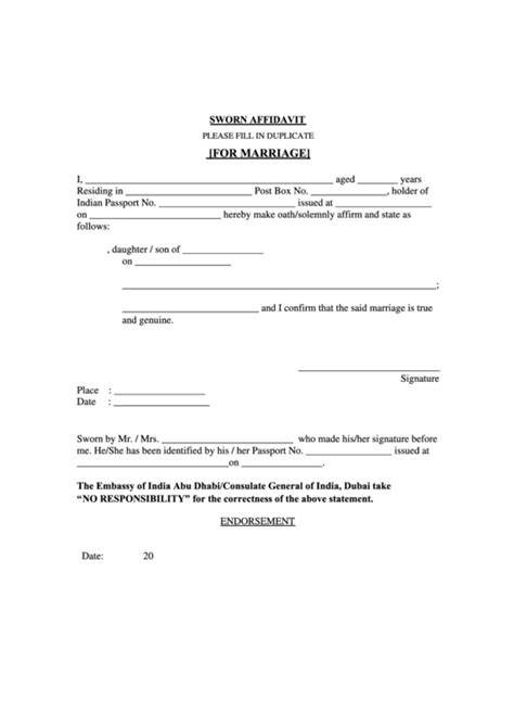 Sworn Affidavit Form For Marriage Printable Pdf Download