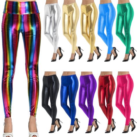 New Womens Ladies Shiny American Metallic Disco Leggings Wet Look Stretchy Pants Ebay