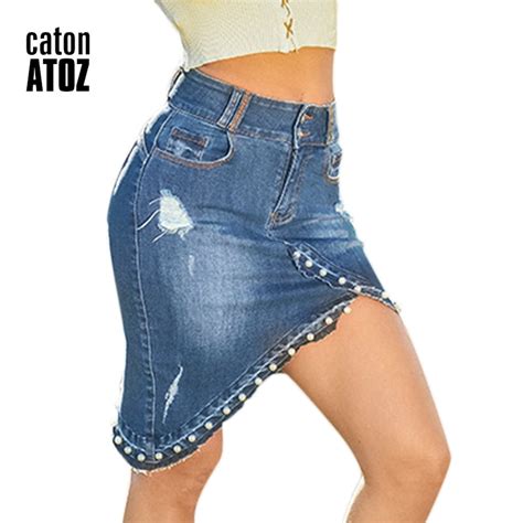 Catonatoz 2188 New Fashion Ladies High Waist Irregular Pearl Stretch Denim Skirt Womens Pencil