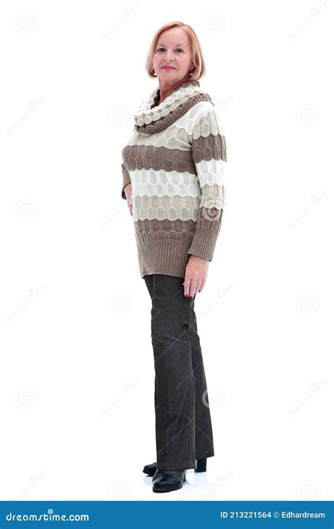 In Full Growth An Attractive Adult Woman In A Beautiful Sweater Stock