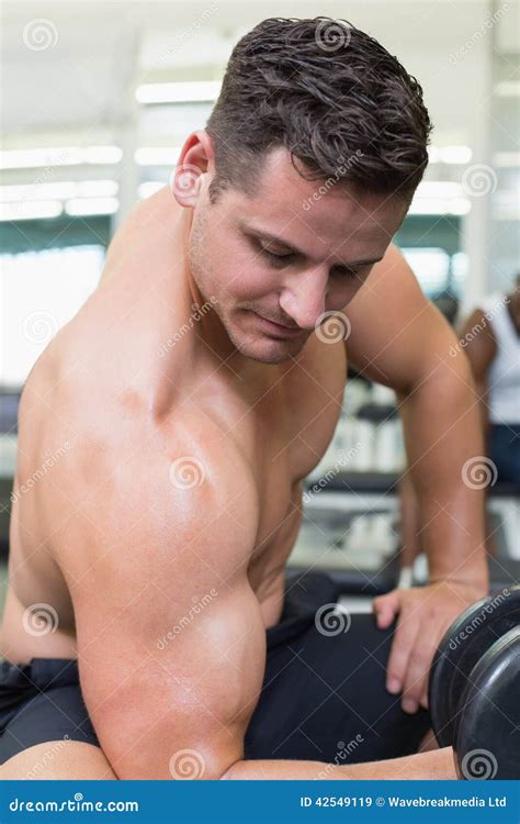 Handsome Bodybuilder Lifting Heavy Black Dumbbell Stock Image Image