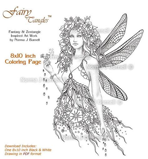 Dragonfly Fairy Fairy Tangles Adult Printable Coloring Page Template