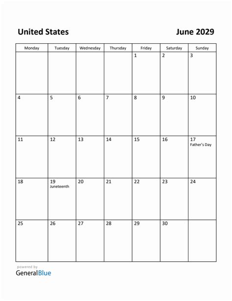 Free Printable June 2029 Calendar For United States