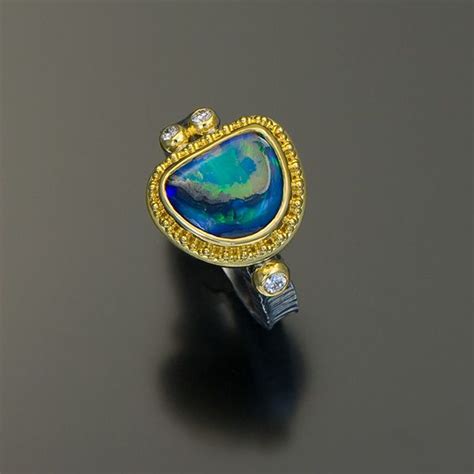 Granulation 22kt Gold Boulder Opal Ring Lapidary Jewelry Opal