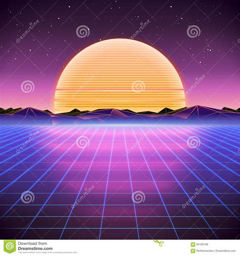80s Retro Sci Fi Background With Sunrise Or Sunset Stock