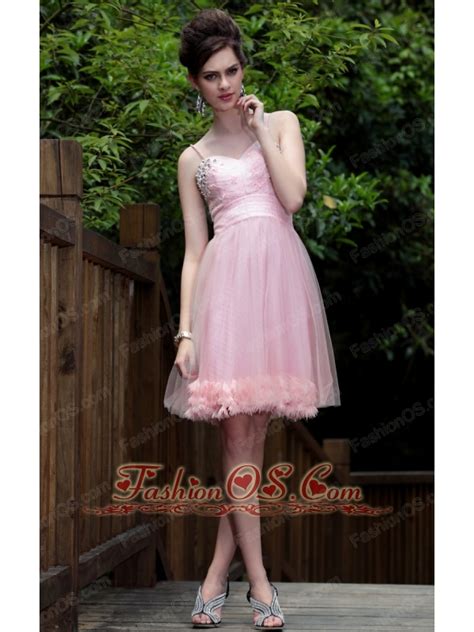 Pink A Line Princess Spaghetti Straps Knee Length Tulle Beading Prom