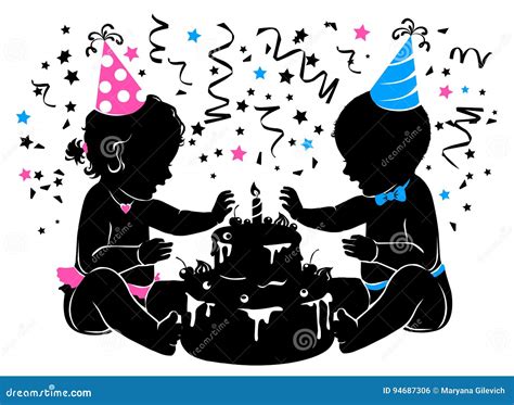 Silhouette Baby Boy Girl Twins With Birthday Cake With Candle Stock