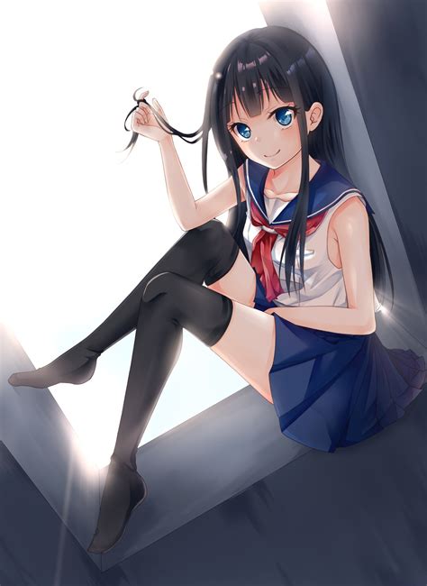 Fondos De Pantalla Ilustración Pelo Largo Anime Chicas Anime Ojos Azules Piernas Medias