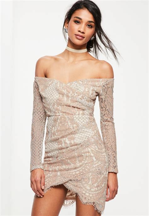 Missguided Pink Lace Bardot Long Sleeve Bodycon Dress Long Sleeve Bodycon Dress Bodycon