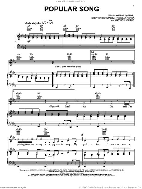 Download piano notes for popular songs in pdf. Mika - Popular Song sheet music for voice, piano or guitar PDF