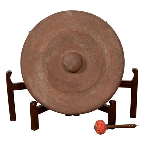 Antique Burmese Bronze Temple Gong With Red Mallet And Raised Center At