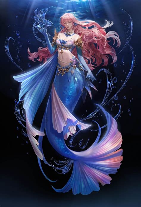 a mermaid with pink hair and blue tail standing in the water holding her hands on her hips