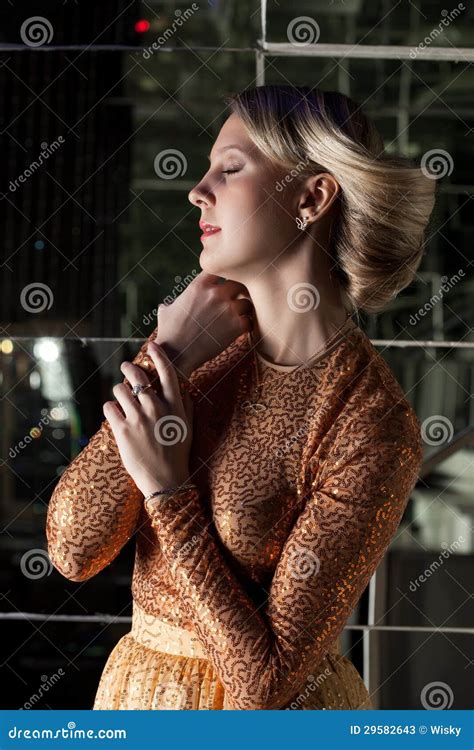 Portrait Of Pretty Blonde In Golden Dress Stock Image Image Of