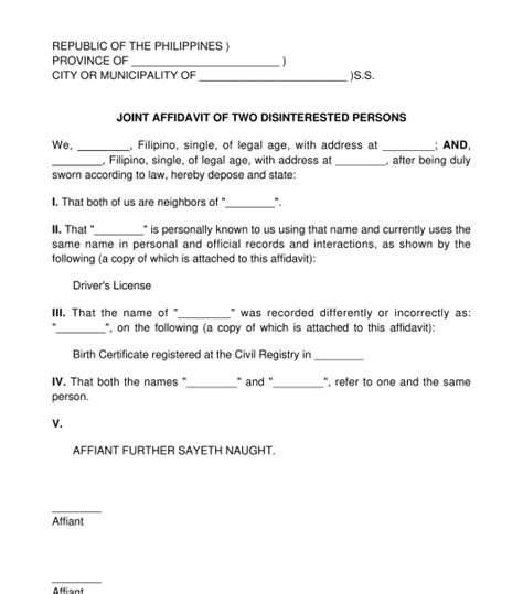 Affidavit Of Two Disinterested Persons Template