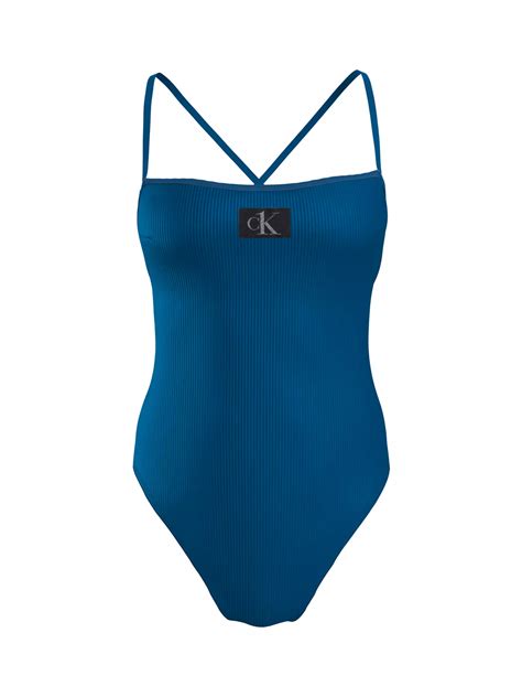 Calvin Klein Logo Monogram Ribbed Swimsuit, Regatta Blue at John Lewis