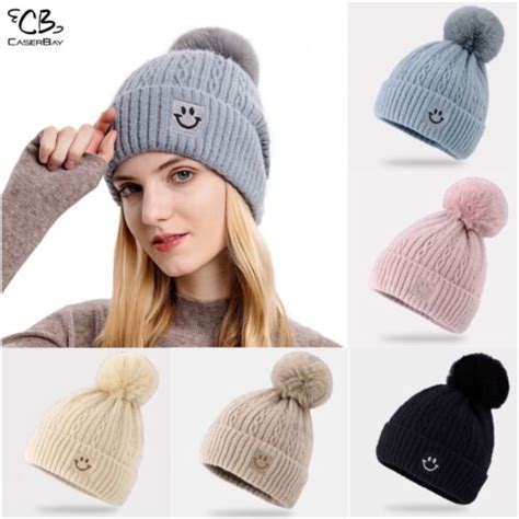 Womens Fur Pom Beanie Fleece Lined Knit Hat Cute Smiley Face Winter Knitted Cap Ebay