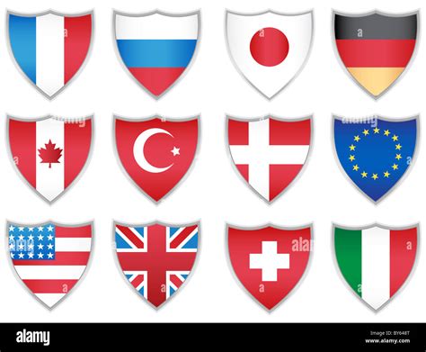 Set Of Shields Representing Flags Of Different Countries Stock