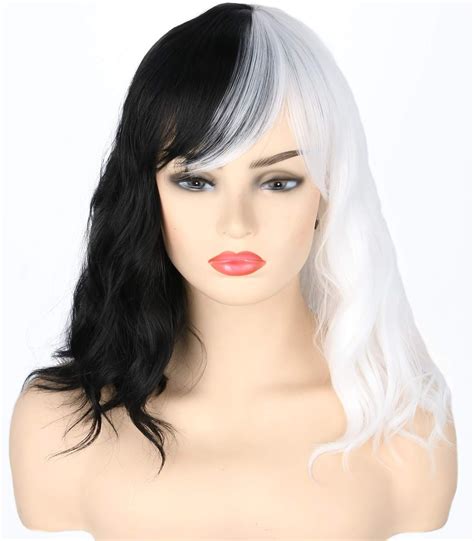 topcosplay half black and half white wig cosplay cruella de vil wig short curly synthetic hair