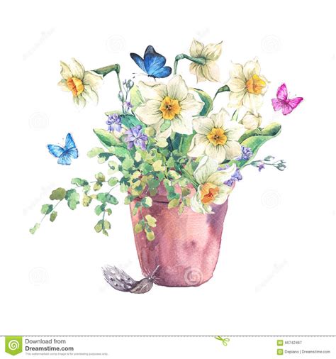 Watercolor Garden Spring Bouquet In Flower Pots Stock Illustration