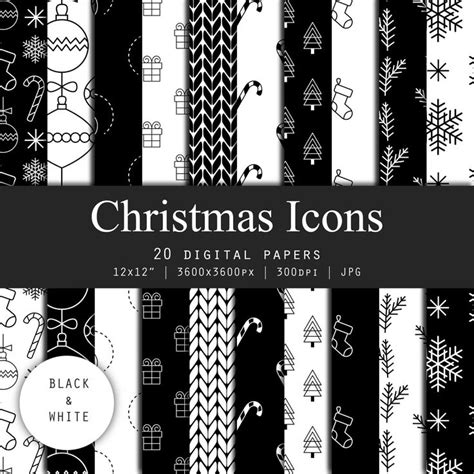 Christmas Icons Digital Paper Pack 20 Black And White Printable Papers