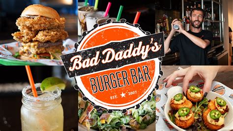bad daddy s logo overlayed on food and drinks