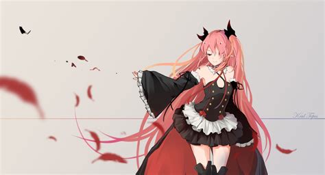 Bow Choker Collar Feathers Gray Kneehighs Krul Tepes Long Hair Owari No