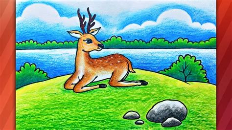 Easy Deer Drawing Scenery With Colour Deer Drawing Easy Step By Step