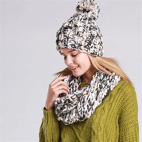 comfortable knit winter warm hat and scarf set for women girl beanies thick female bonnet scarf