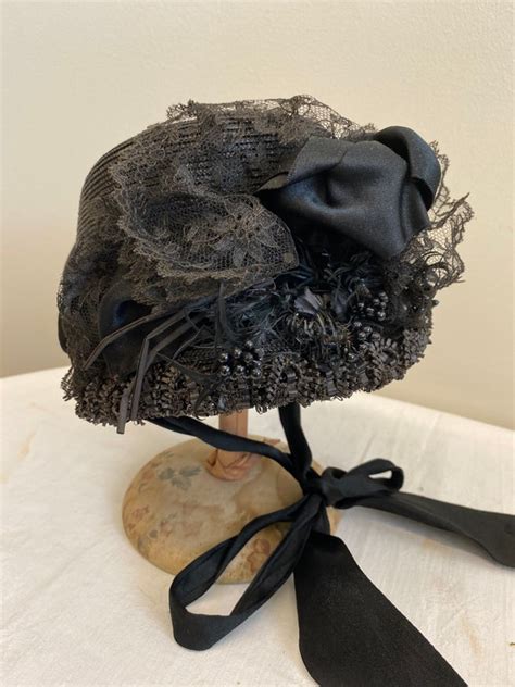 1880s Black Straw Mourning Bonnet With Satin Ribbon Gem