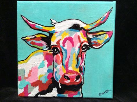 Colorful Cow Art Handpainted On Canvas Love The Aqua Blue Background