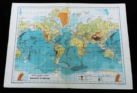 Antique Map Of The World Mercators Projection Land Heights Ocean