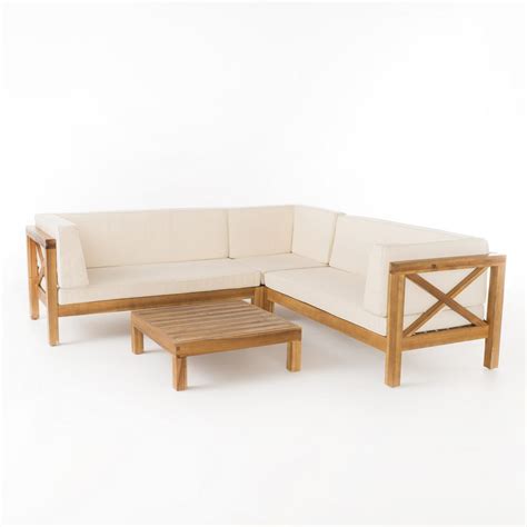 Teak Wood Outdoor Sectional Set Corner Sofa Bench Patio Beige Cushions