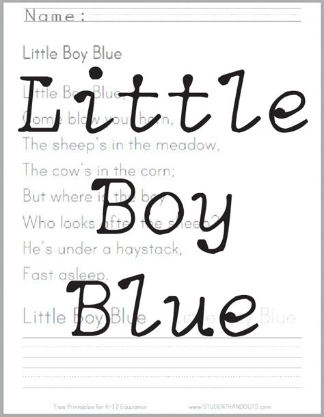 Little Boy Blue Printable Worksheets For Kids Student Handouts