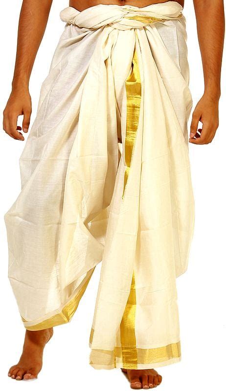 Cream Kasavu Dhoti From Kerala With Wide Golden Woven Border Exotic