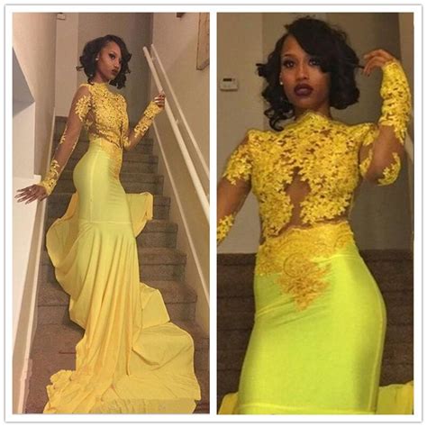 Sexy African Black Girl Yellow Mermaid Prom Dresses 2017 Court Train