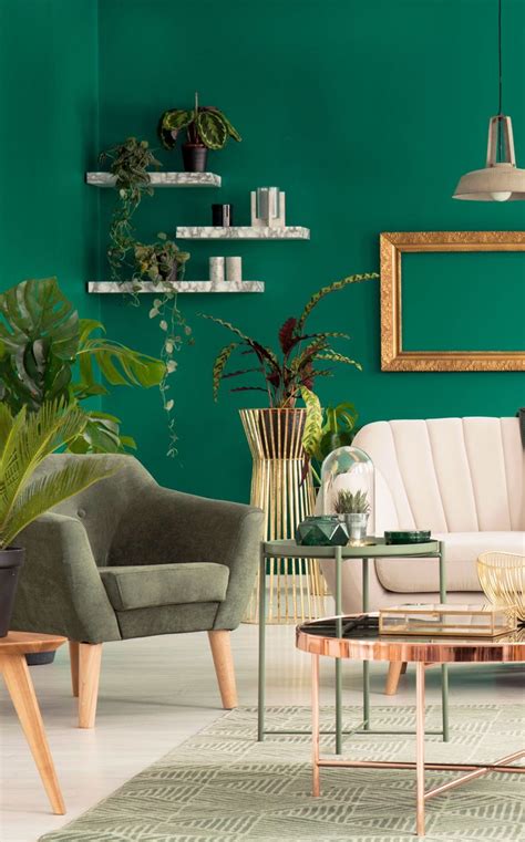 Emerald Green Living Room Wall Color Wall Decor With Shelves Golden