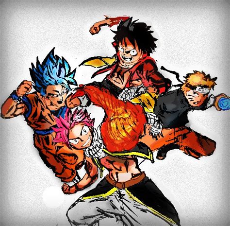 Goku Natsu Naruto And Luffy Crossover By Midoriblue1714 On Deviantart