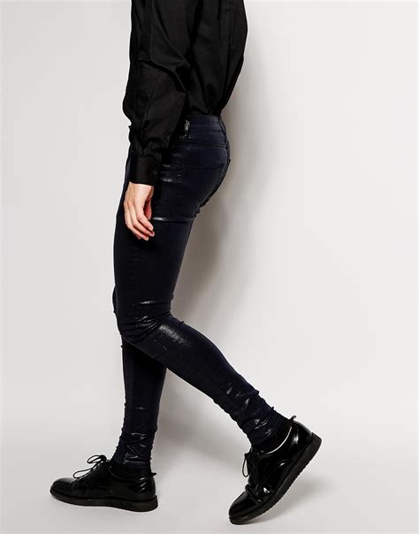 Asos Extreme Super Skinny Jeans With Shiny Coating In Navy Blue For