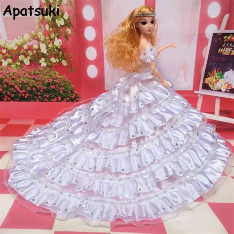 white 6 layers hemlines rhinestone wedding dress for barbie doll party dresses clothes for