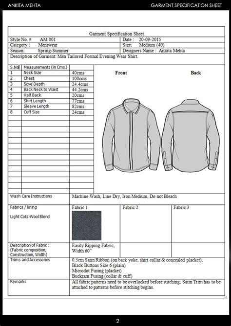 Menswear Formal Shirt Garment Specification Sheet Easy Sewing Patterns