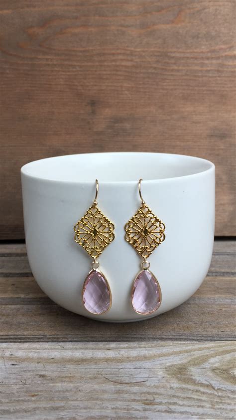 Pink Chandelier Earrings Gold Earrings Drop Earrings Dangle Etsy
