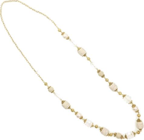 Behave Dames Lange Ketting Goud Kleur Met Witte Marmer Look Kralen Cm Bol Com