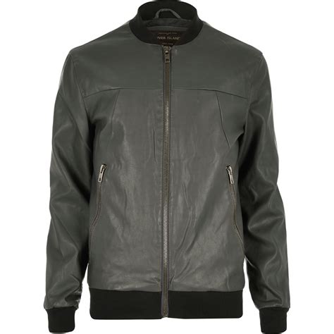 River Island Grey Leather Look Bomber Jacket In Gray For Men Grey Lyst
