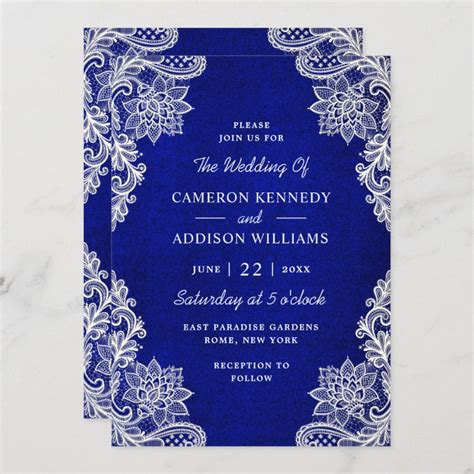 Stylish Floral Lace Royal Blue Wedding Invitation Zazzle